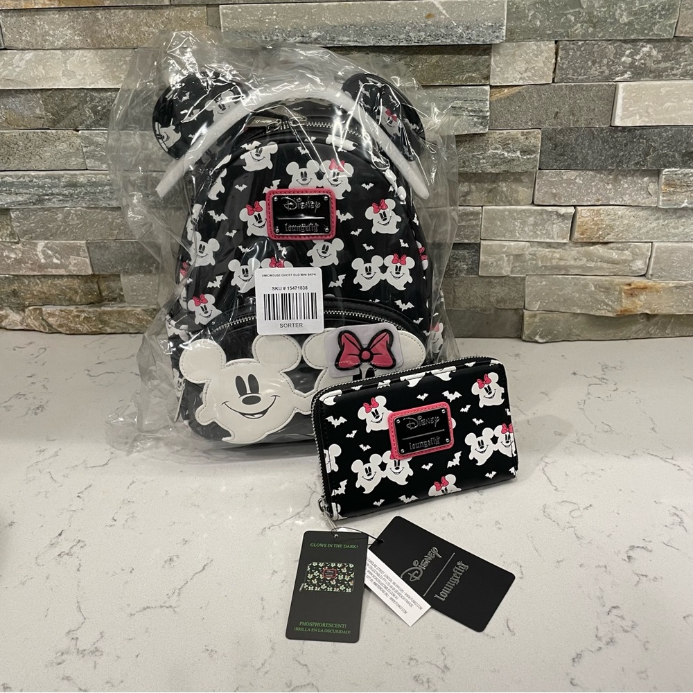 Disney loungefly mickey and minnie ghost mini backpack and wallet